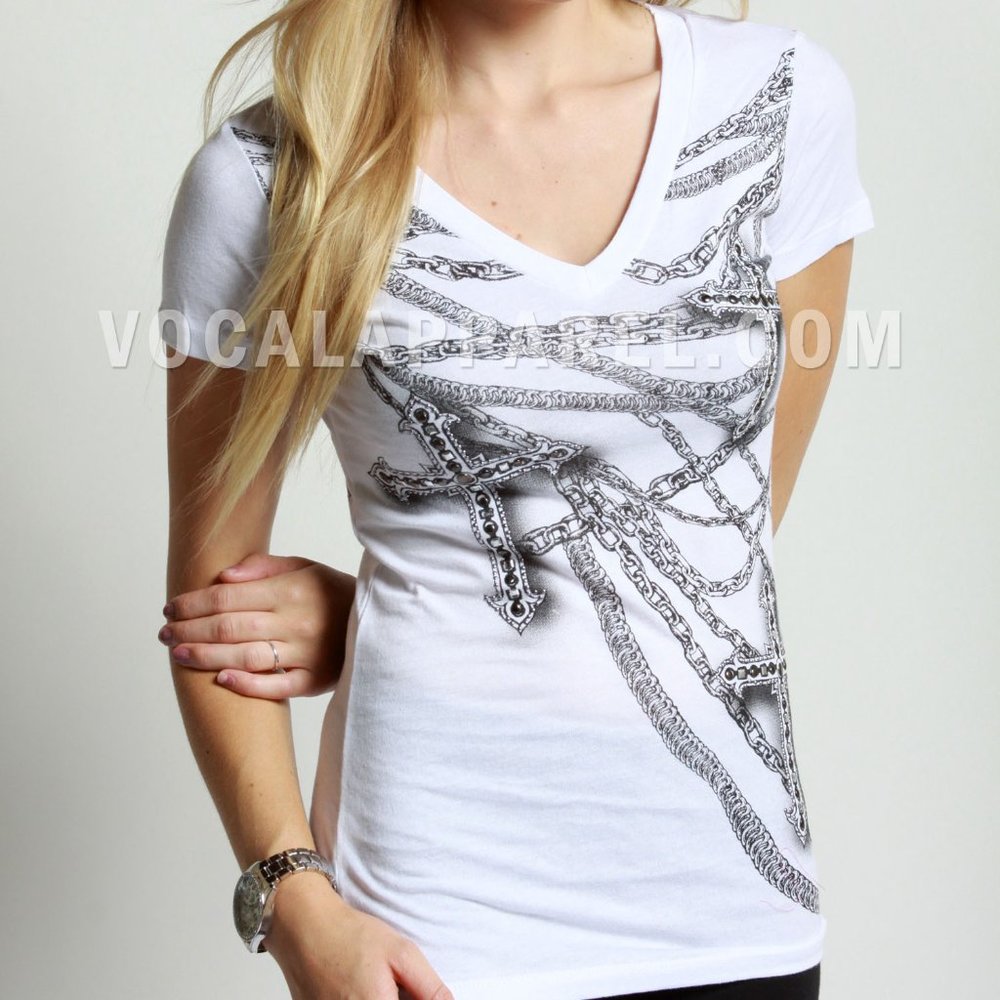 Women's White Tee Embellished w/ Rhinestones Cross & Chains